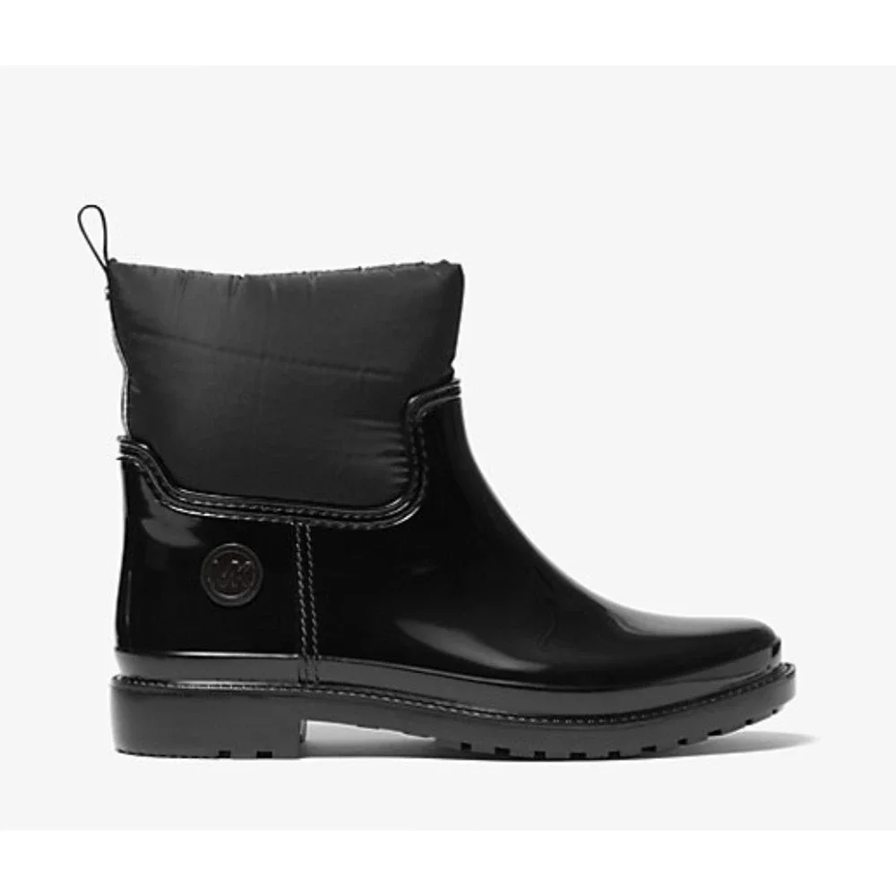 NEW MICHAEL KORS BLACK BLAKELY LOGO TAPE PVC NYLON RAIN ANKLE BOOTIE BOOTS SZ 10